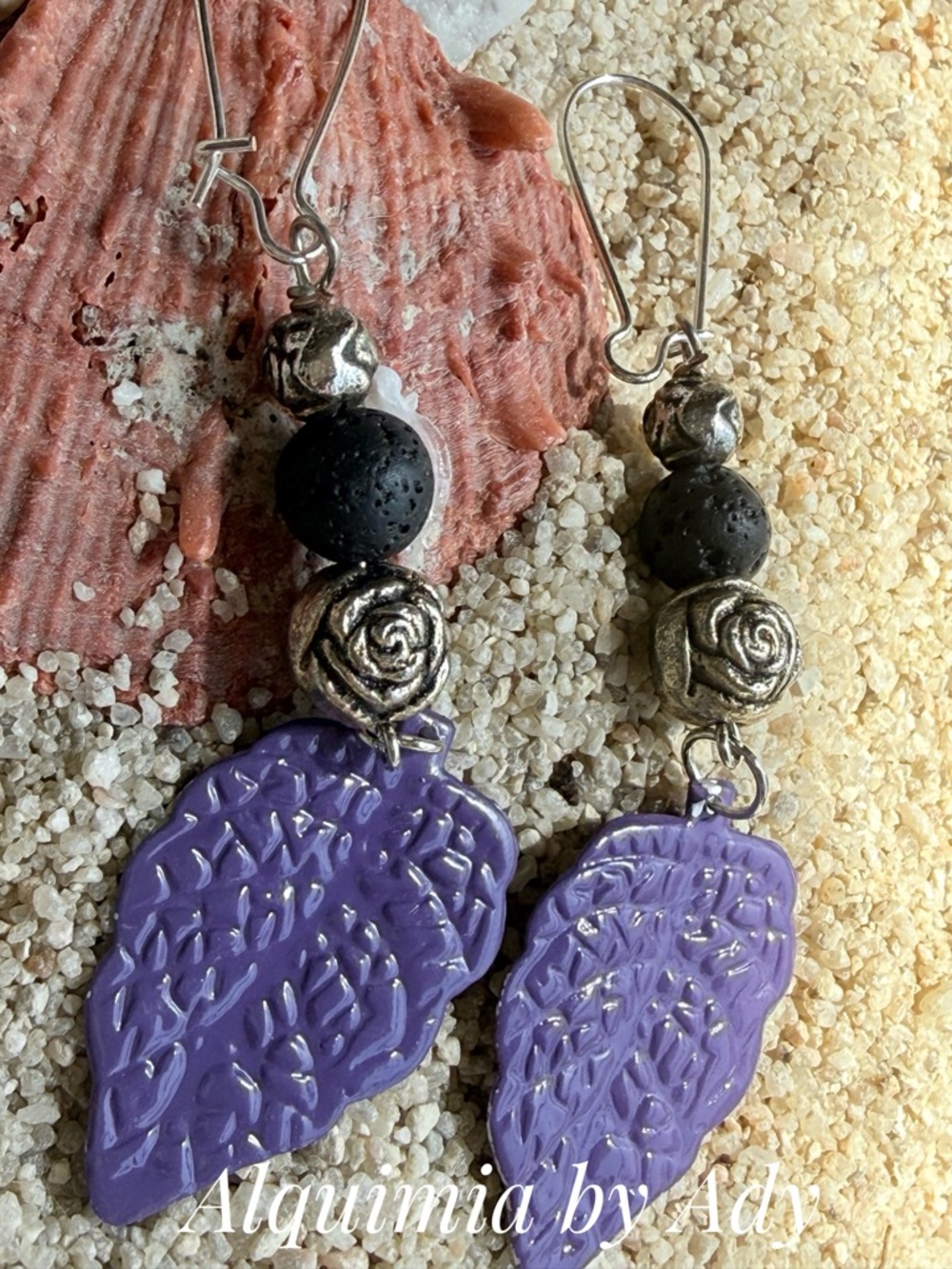 Alquimia Purple Leaf Dangle Earrings with Silver Rose Accents
